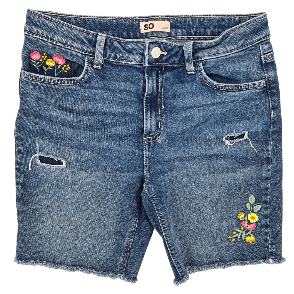 SO Size 16‎ Floral Embroidered Denim Cutoff Shorts Girls Boho Cottagecore Blue
